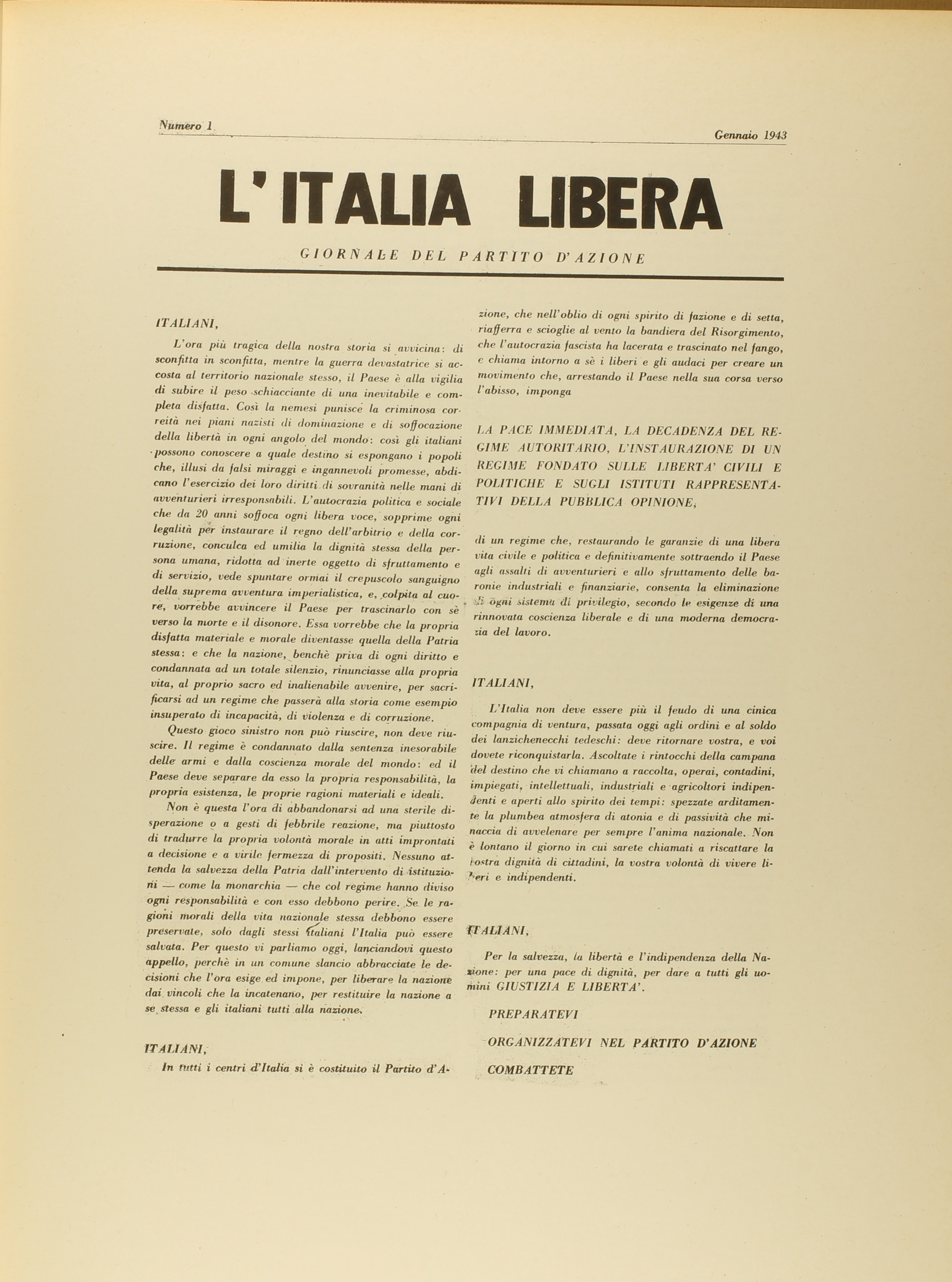 "L'Italia libera", Giornale del Partito d'Azione, n. 1, gennaio 1943